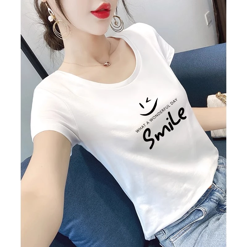 白色短袖t恤女圆领修身2025春夏季新款百搭显瘦正肩紧身上衣