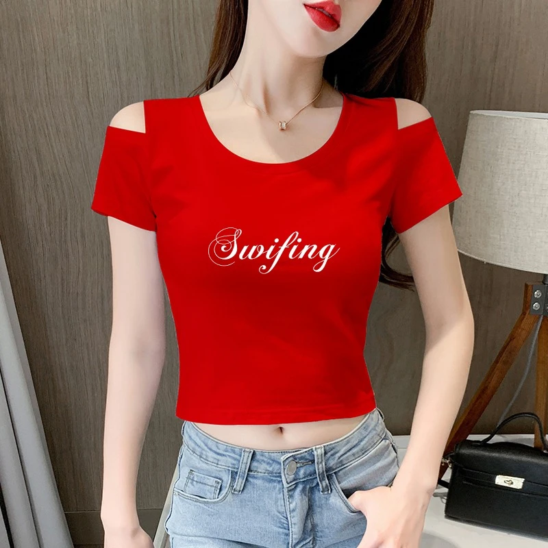 t恤女短款露脐上衣露肩夏季新款短袖性感时尚设计感体恤修身女士