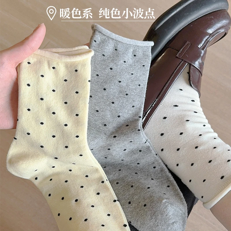 复古波点袜子女春秋款ins潮纯棉卷边中筒袜学生日系个性圆点长袜