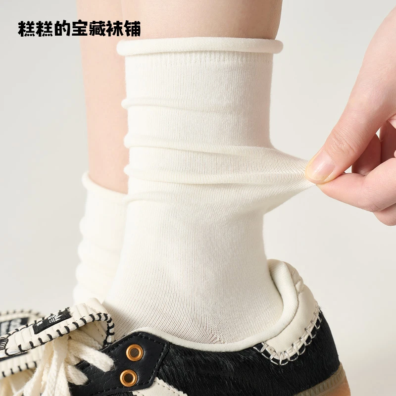 袜子女秋冬纯棉卷边中筒袜安可拉红月子袜无骨堆堆白色袜子女秋冬