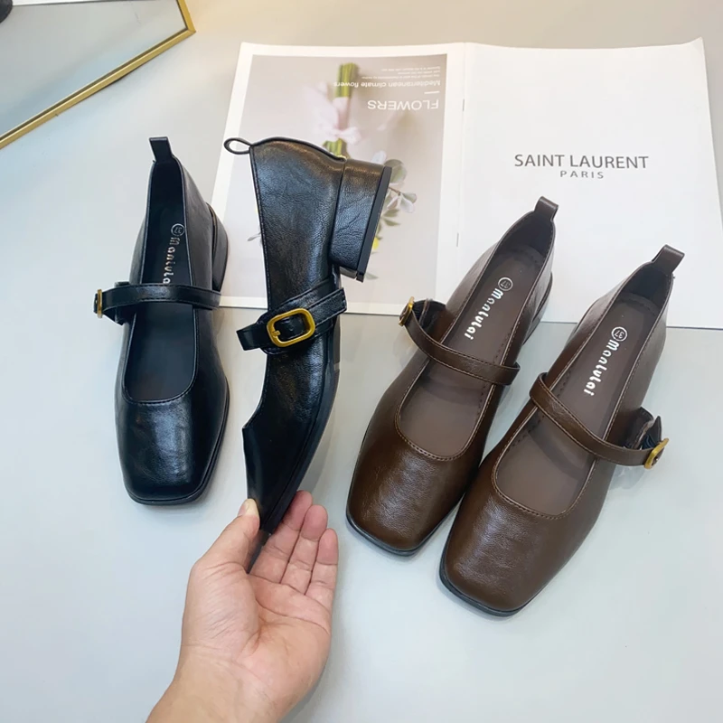 低跟美拉德玛丽珍鞋女粗跟高跟鞋2024新款气质方头单鞋配裙子