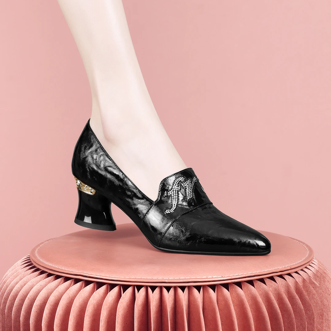 梵芮诗2024年春季尖头钻饰气质简约手抓纹百搭女士粗跟单鞋-1410