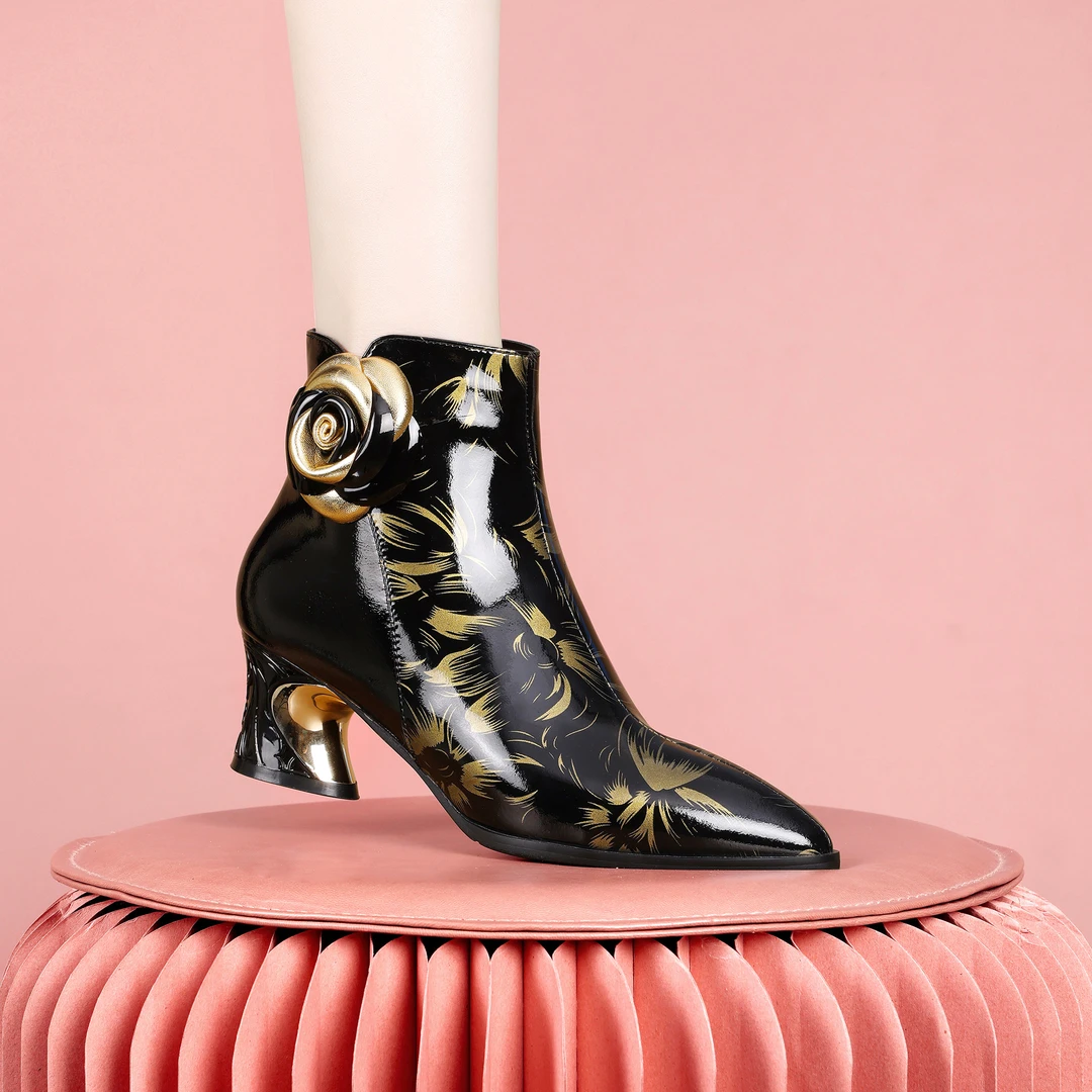 梵芮诗秋冬百搭尖头钻饰拼色加绒时尚气质百搭粗跟女短靴-8277