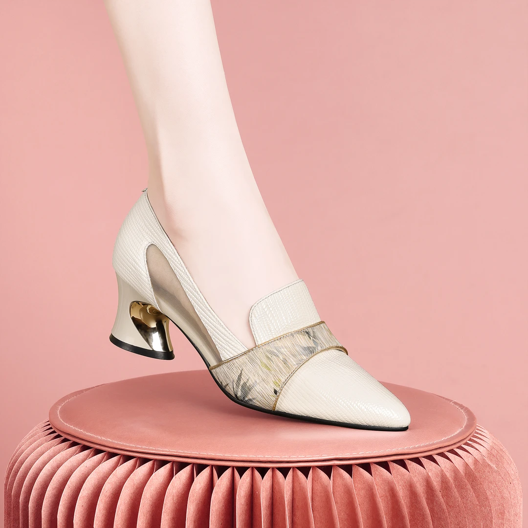 梵芮诗2024新款春夏季尖头新中式网纱潮流穿搭粗跟低跟单鞋-H1018