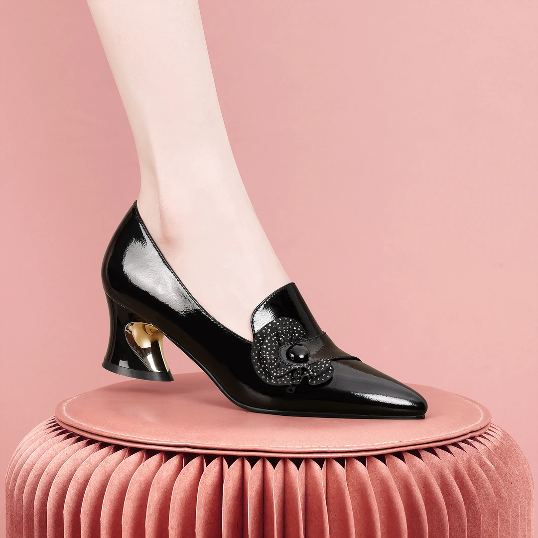 梵芮诗2024新款春夏季尖头潮款网红穿搭手工粗跟低跟女单鞋-Y1002