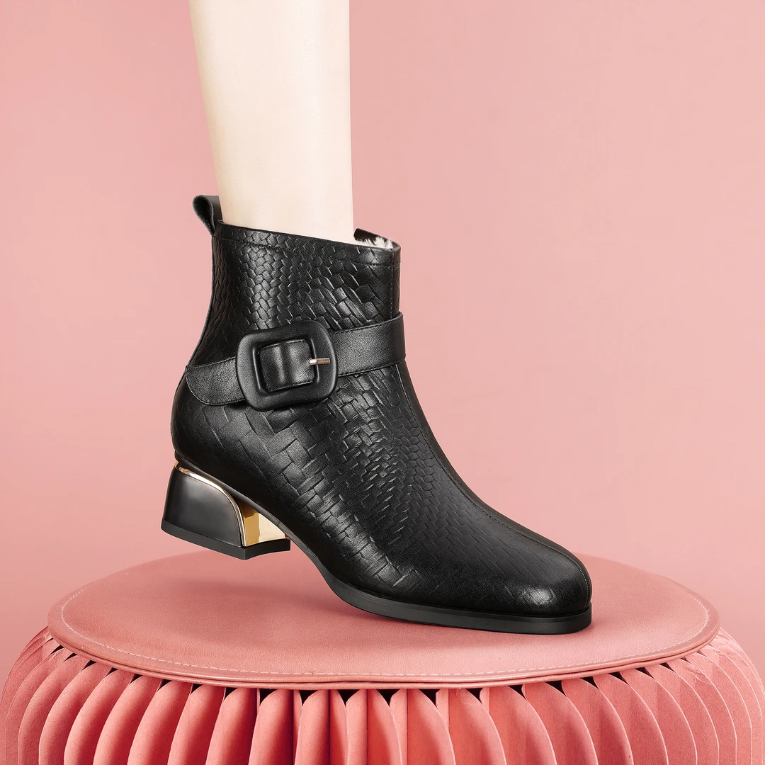 梵芮诗2024年新款冬季时尚简约保暖加绒舒适手工粗跟短靴-H1134