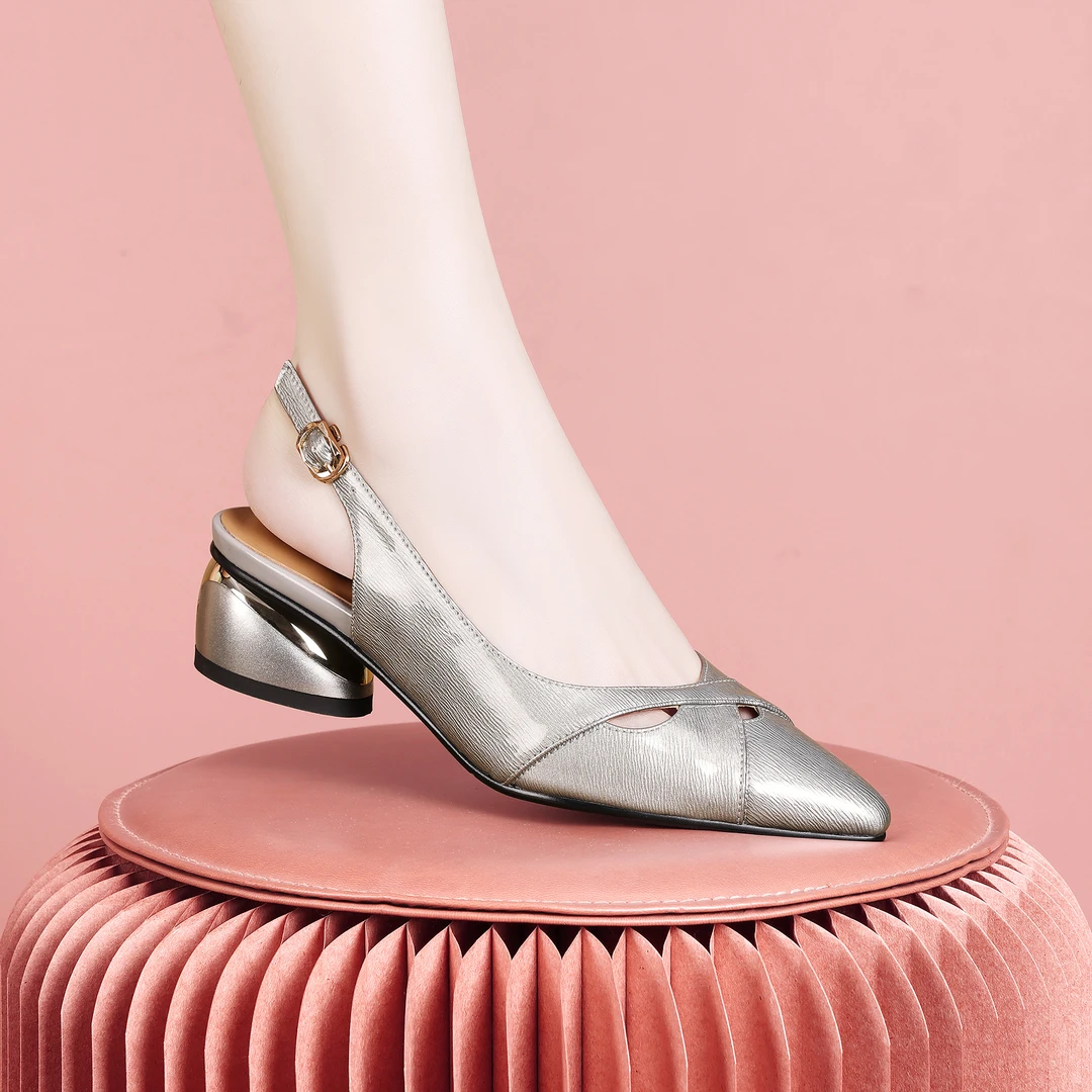 梵芮诗2024夏季新款尖头包头镂空透气舒适简约百搭粗跟凉鞋-Y164