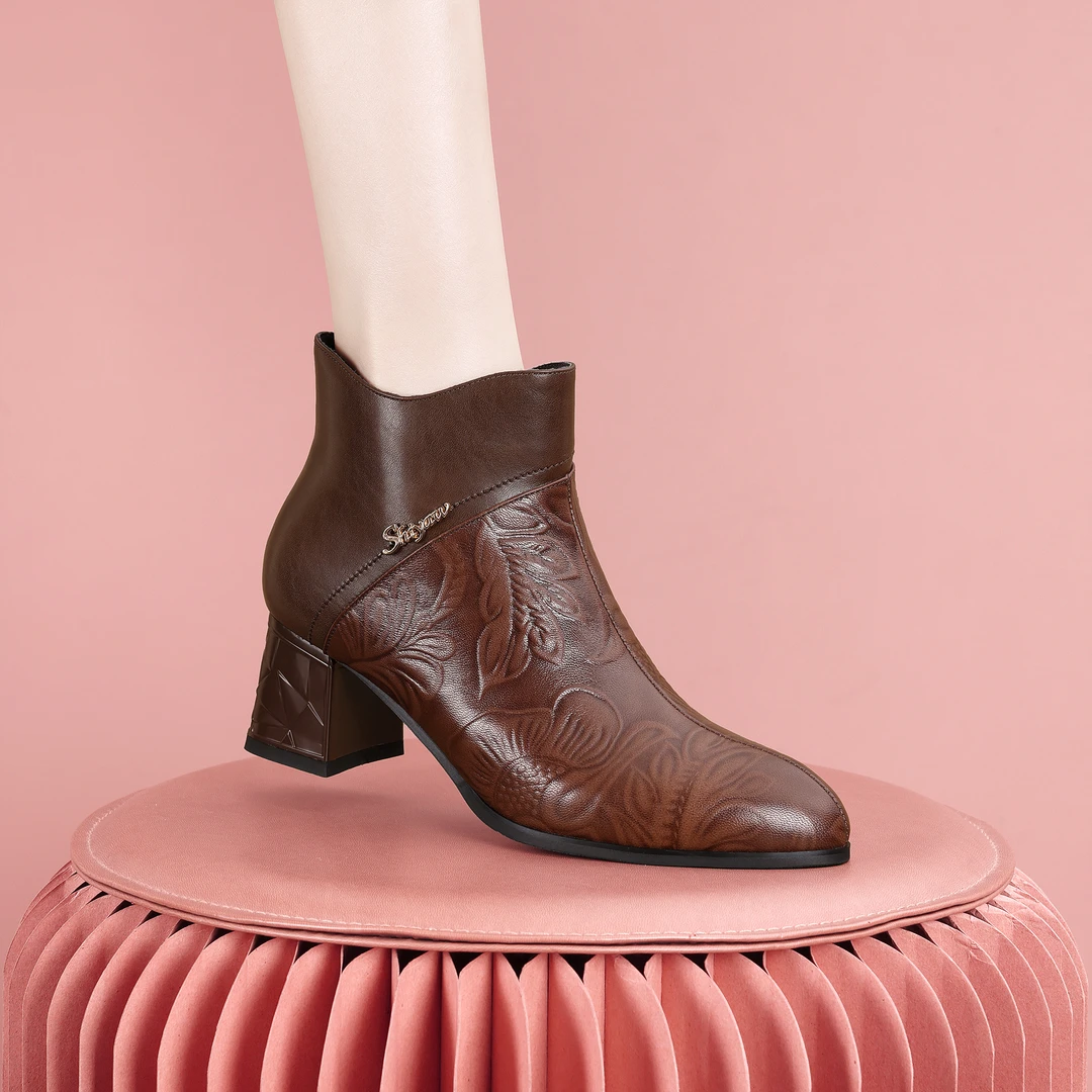 梵芮诗2024年新款秋冬显瘦时尚加绒潮流瘦瘦靴粗跟短靴-H1074