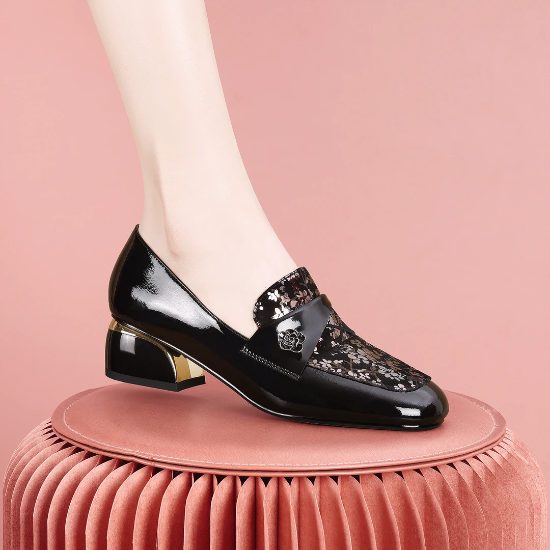 梵芮诗2024年秋季新款方头新中式拼色优雅原创手工粗跟单鞋-J1088