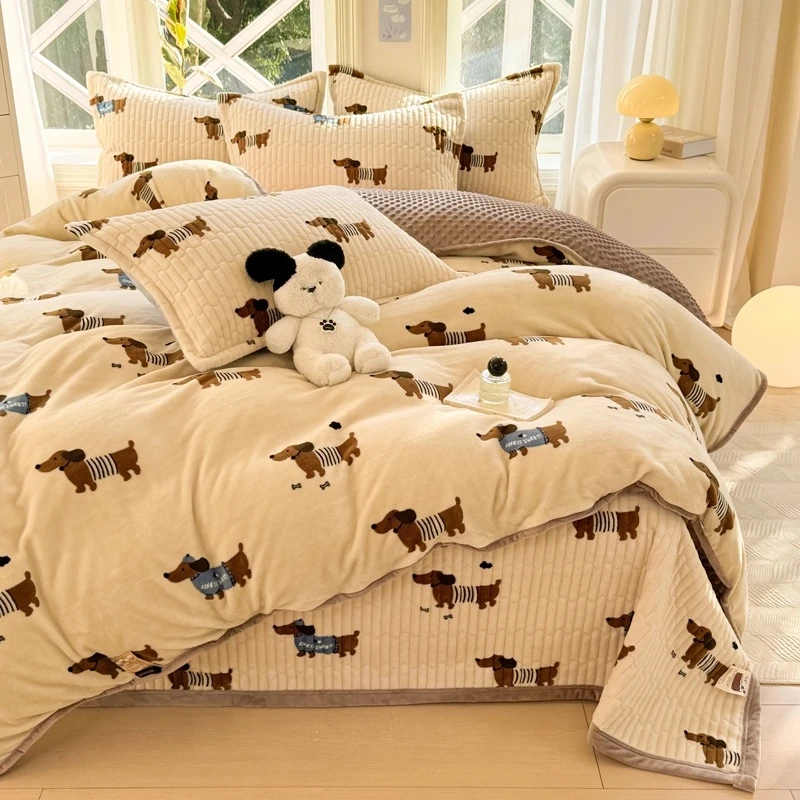 秋冬季牛奶绒四件套3D豆豆绒被套加厚夹棉保暖床盖被套四件套