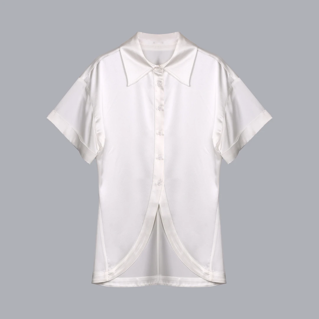 【曼姐】法式优雅时尚设计感进口醋酸短袖衬衫 35424