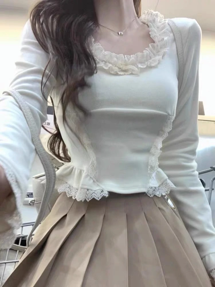 蝴蝶结法式小众显瘦短款T恤蕾丝长袖性感方领纯欲风蝴蝶修身