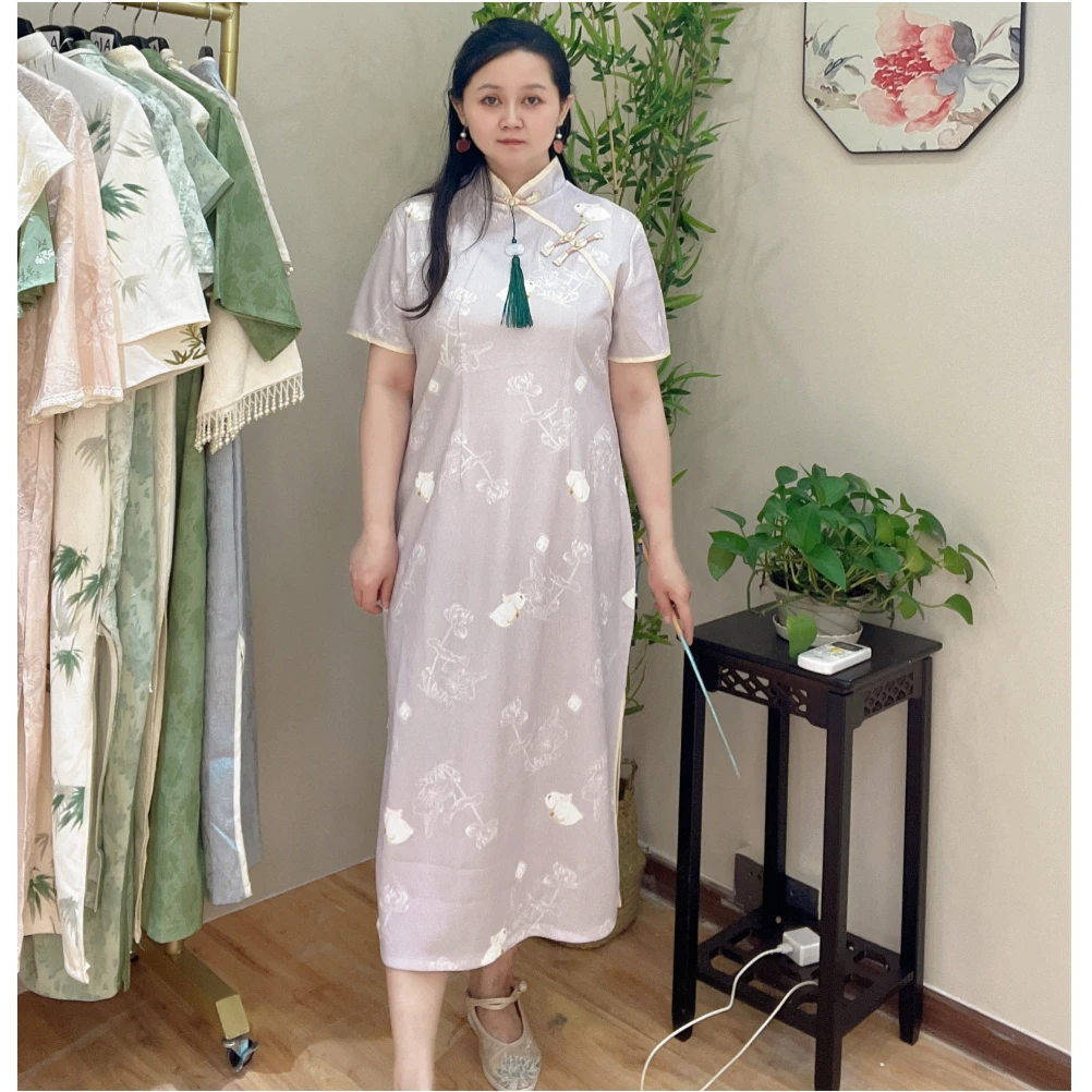 621新中式200斤胖妹妹斜襟优雅印花玉兔大码中长款连衣裙改良旗袍