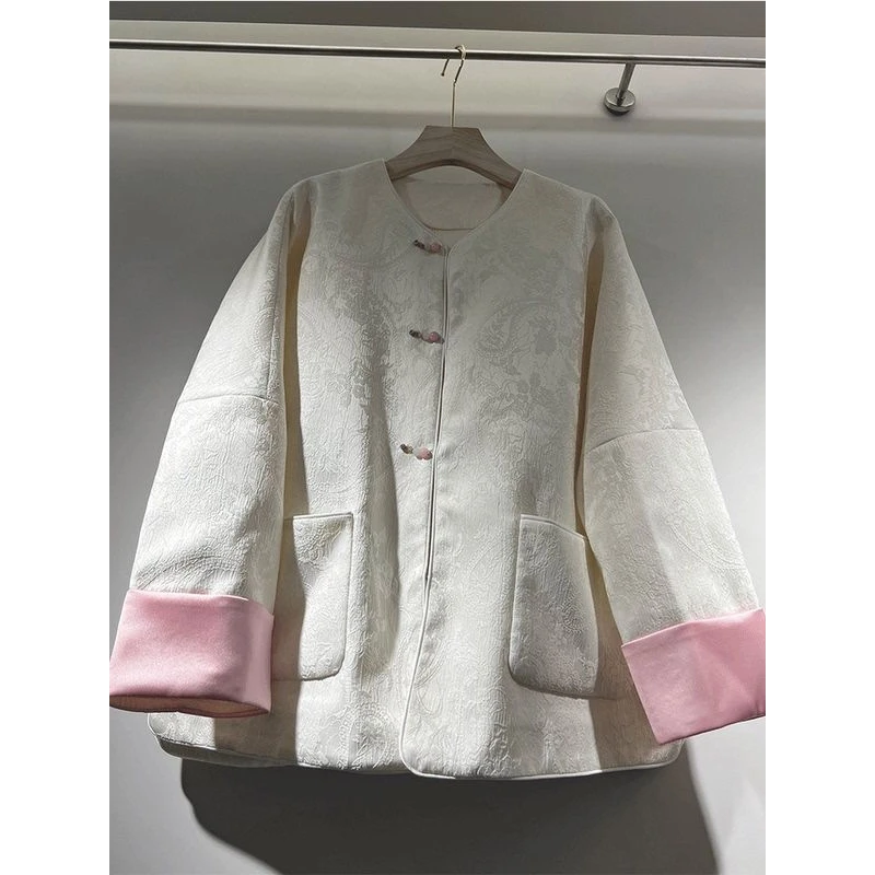 新中式国风提花盘扣拼接外套女春秋季大码胖mm休闲气质开衫上衣潮