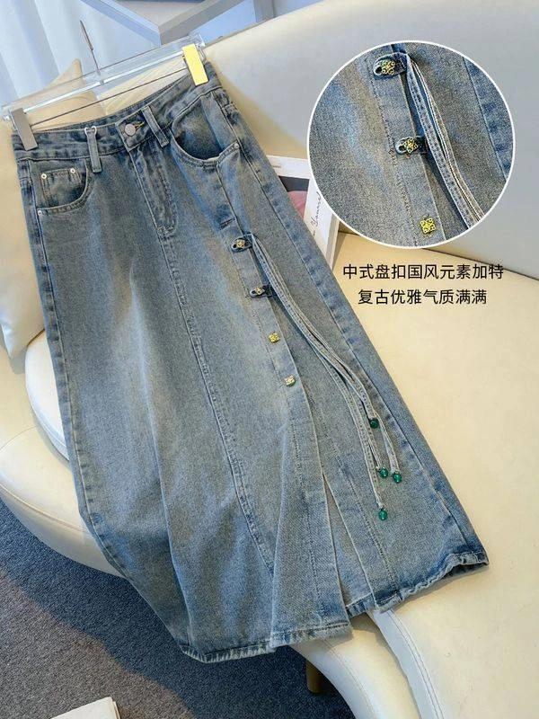 国风新中式牛仔显瘦半身裙女2024夏季新款小个子开叉大码a字裙子
