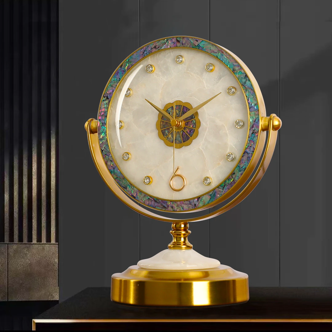 松弛感美式表摆台式钟表轻奢贝壳座钟客厅桌面时钟装饰静音坐钟