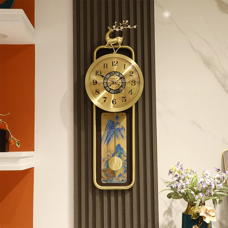 新中式黄铜挂钟客厅家用摇摆钟表现代轻奢创意挂墙钟复古静音时钟