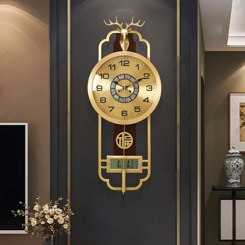 新中式挂钟轻奢黄铜客厅钟表家用高档鹿头静音表新款挂墙时钟8370