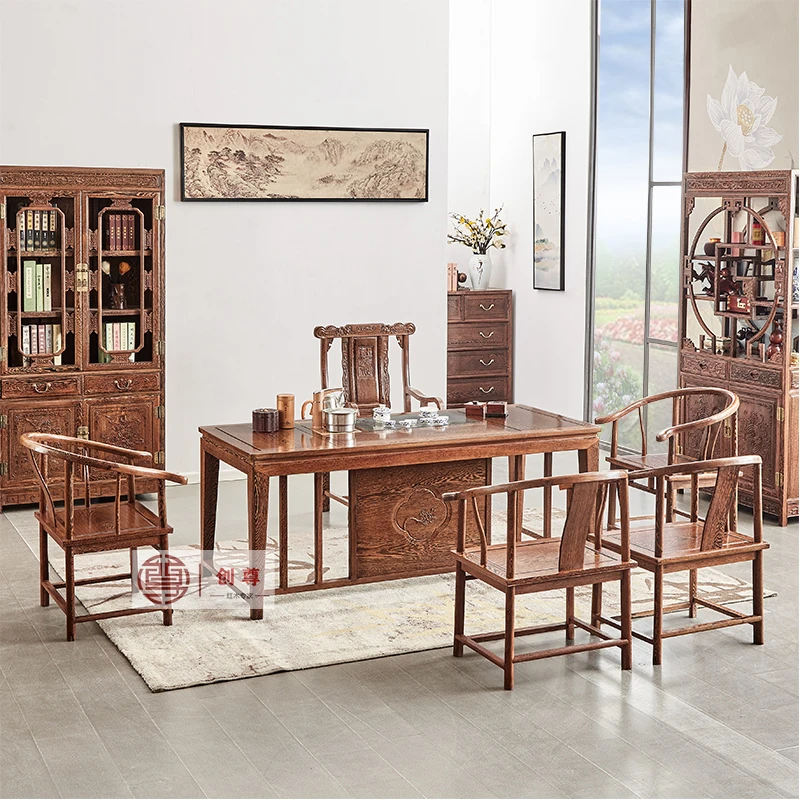 红木家具鸡翅木梅花茶桌组合仿古雕刻茶台双用办公茶桌