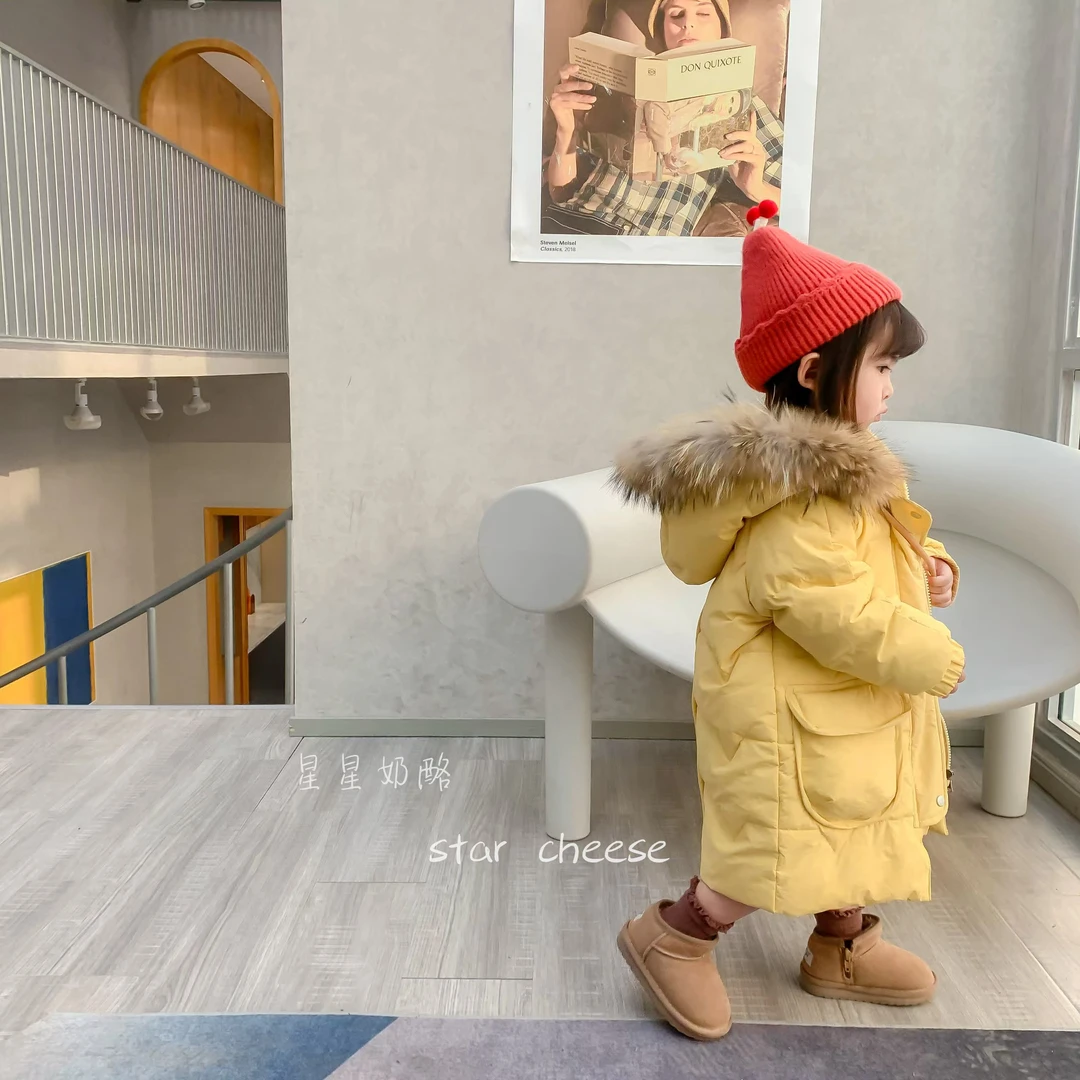 星星奶酪儿童童装女童中长款貉子毛领羽绒服