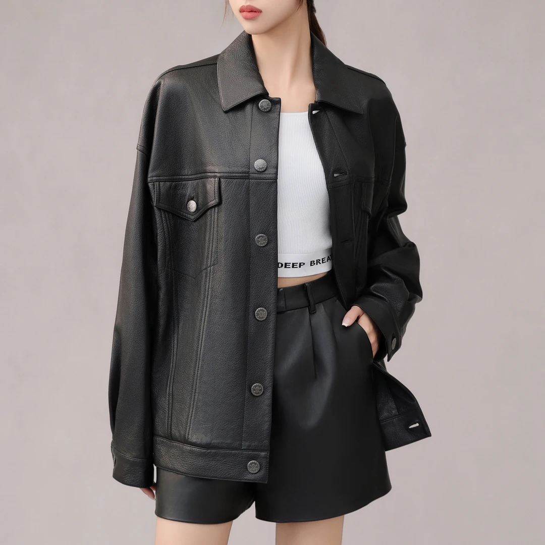 AMASS/阿玛施 秋季休闲百搭高级质感宽松皮衣夹克外套5400726