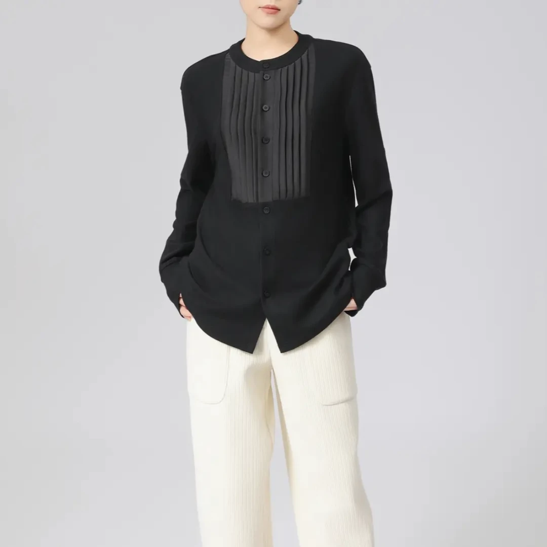 AMASS/阿玛施24新款压缩羊毛保暖造型长袖衬衫女5301100气质衬衣