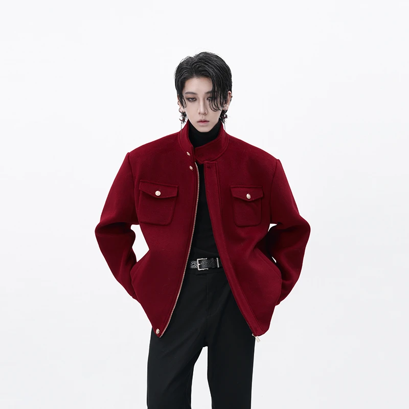 HARH“朱樱”重磅900g红色50羊毛冬季加厚保暖立领毛呢夹克外套男