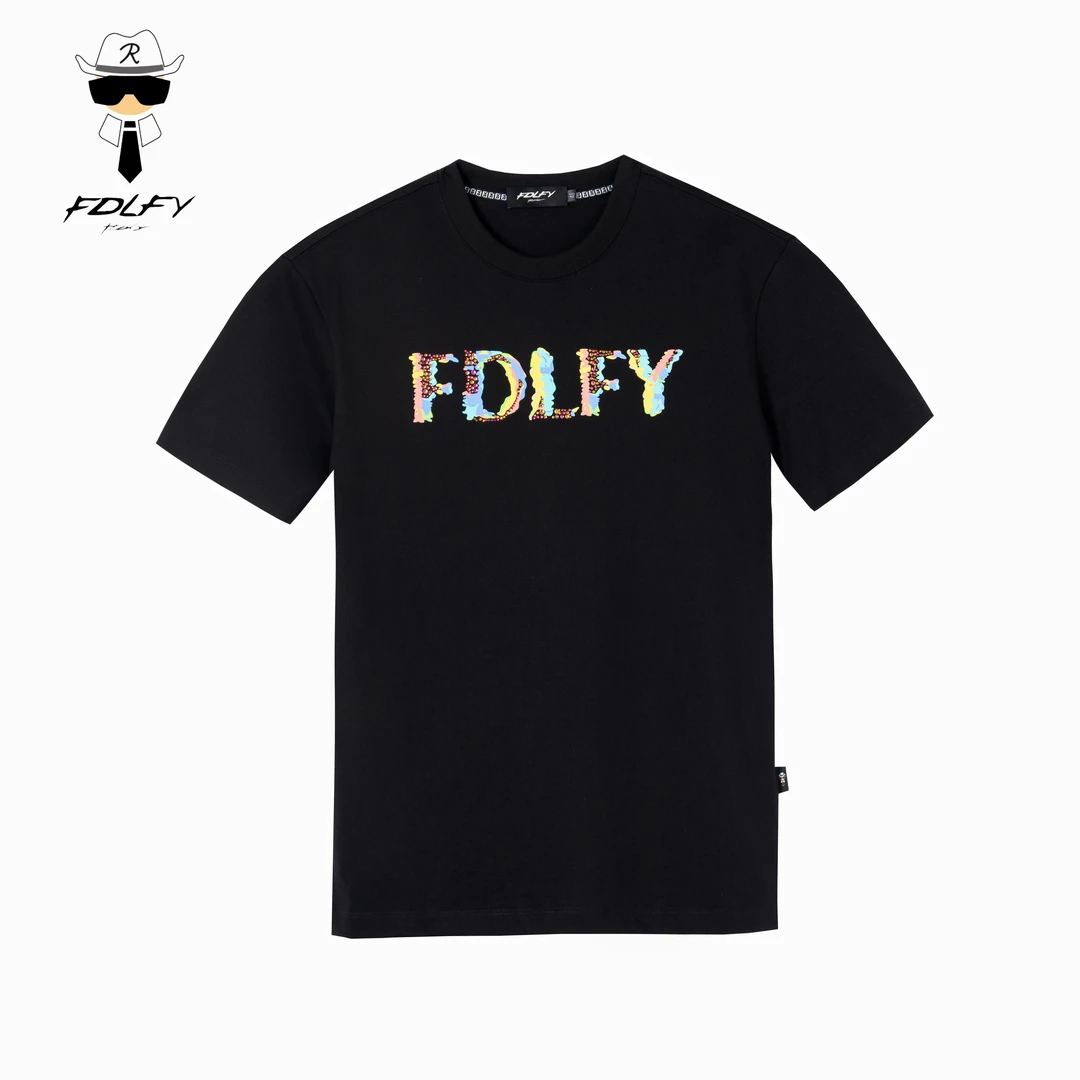 FDLFY纯棉时尚圆领t恤百搭修身印花潮流渐变夏季新款轻奢半袖男装