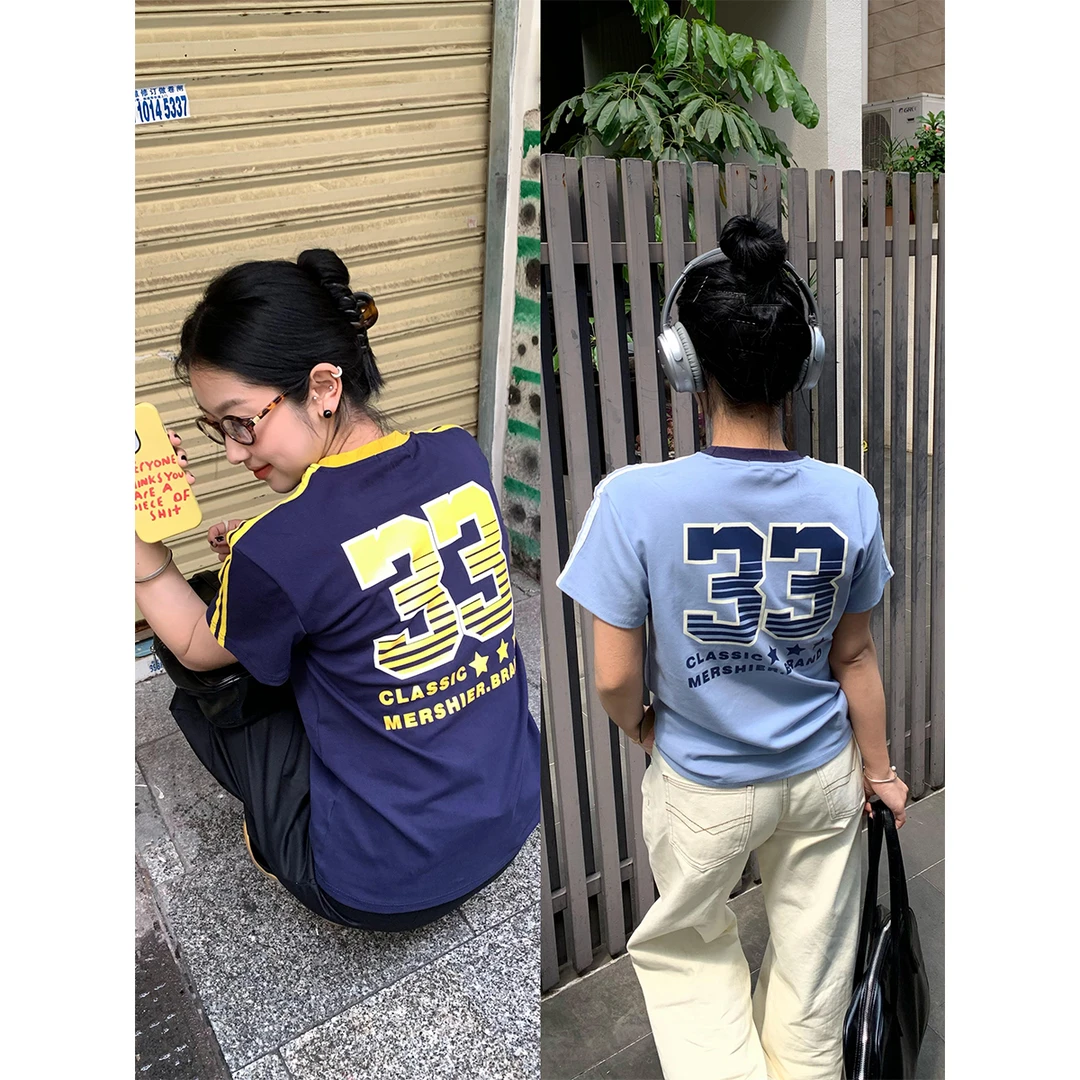 想文你SONN 美式复古微宽松球衣字母短袖T恤