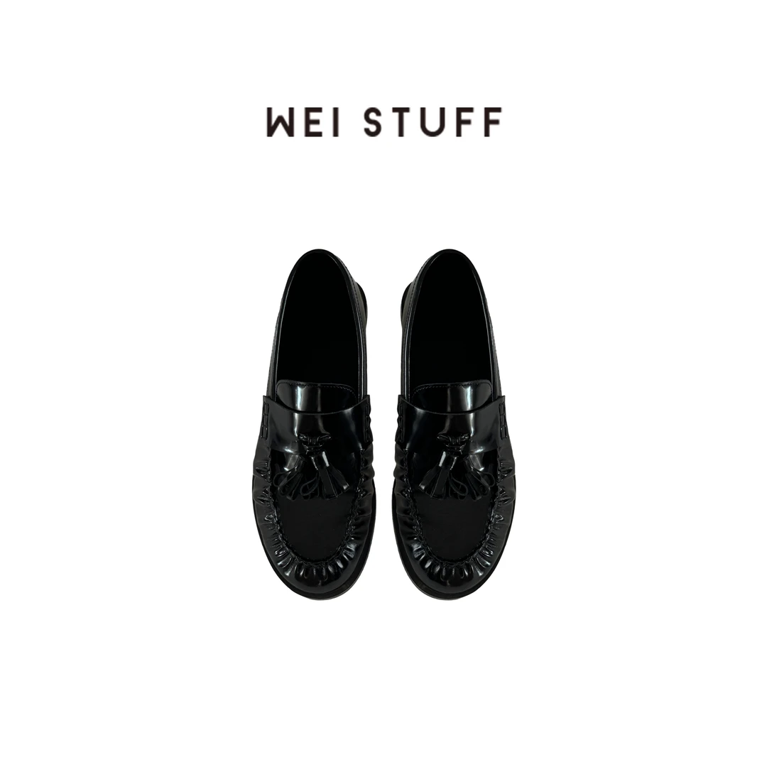 WEI STUFF 早春黑色牛皮革英伦风百搭麦穗亮皮乐福鞋单鞋 7834.