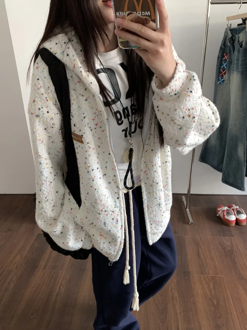 AMER 国潮秋季彩色珠毛球混纺粗织百搭休闲连帽宽松不加绒外套