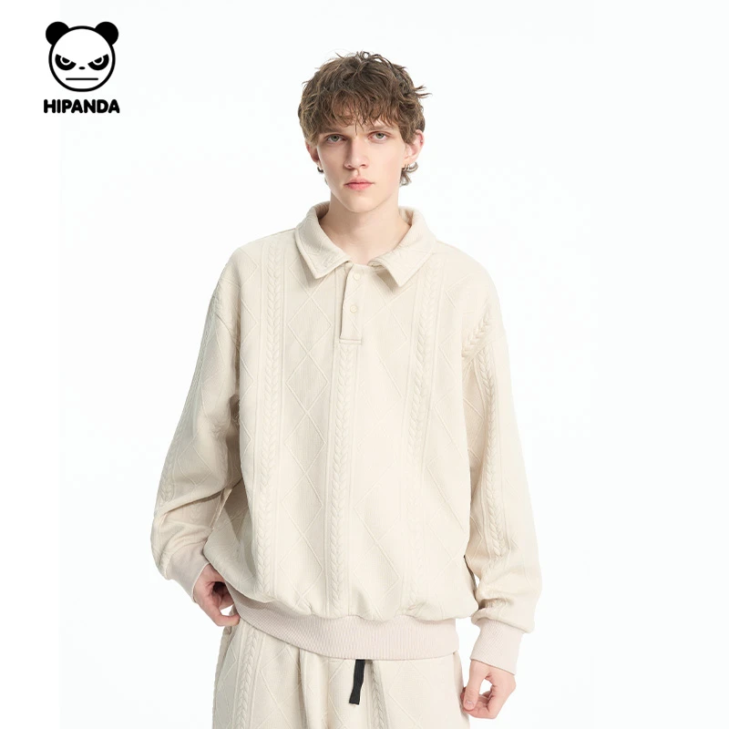 HiPanda你好熊猫polo衫翻领提花卫衣男士潮牌秋冬季空气层套头衫B