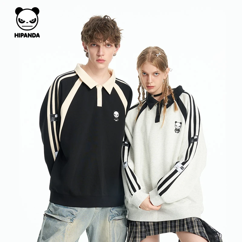 HiPanda你好熊猫春秋潮流撞色拼接翻领长袖卫衣男休闲百搭情侣装