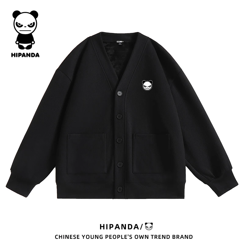 HiPanda你好熊猫黑色开衫外套男冬季高级感纽扣上衣加绒保暖夹克B