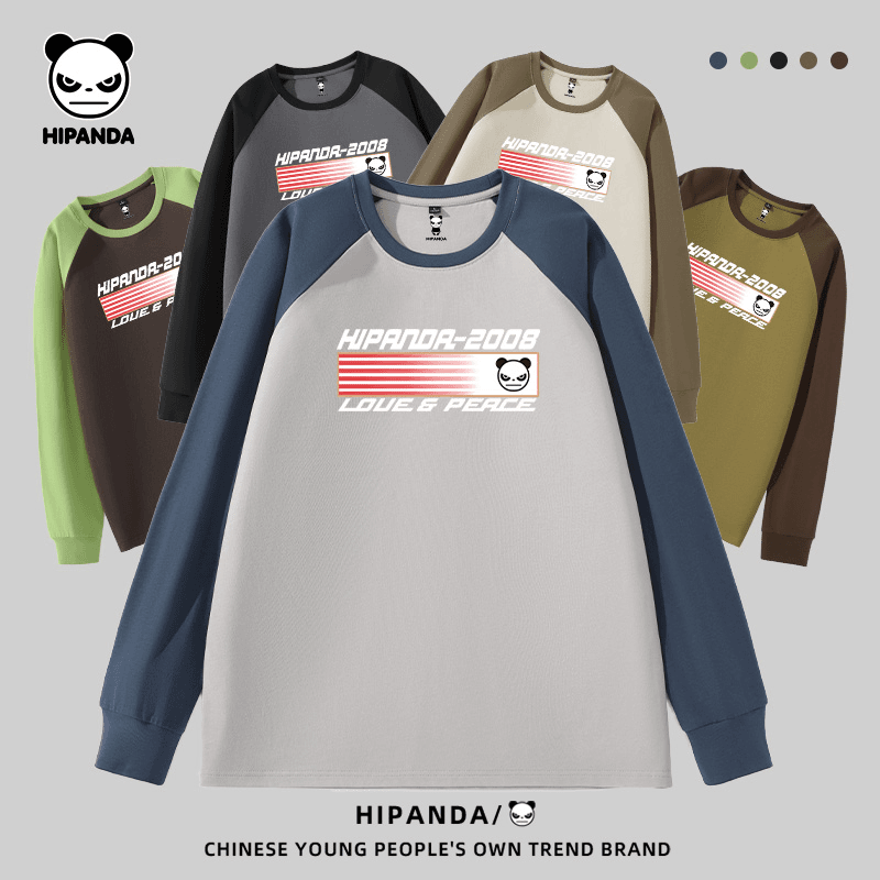 HiPanda你好熊猫插肩美式潮男长袖纯棉拼色圆领体恤2024秋季新款t