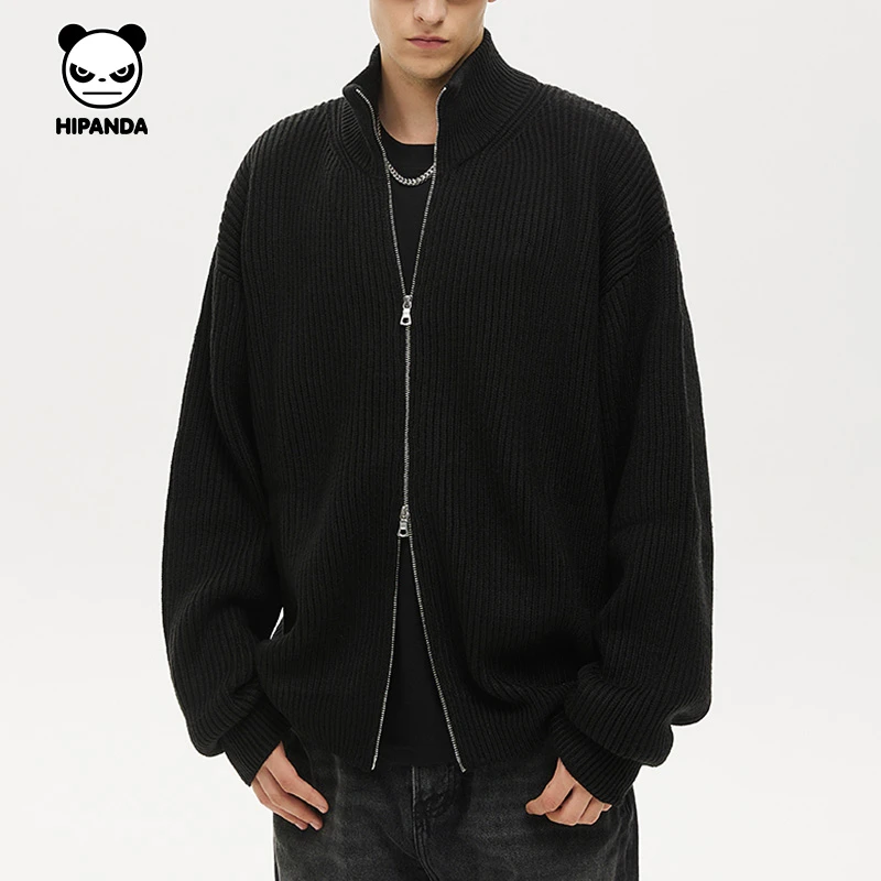 HiPanda你好熊猫立领针织开衫男士美式复古毛衣春秋拉链休闲外套B