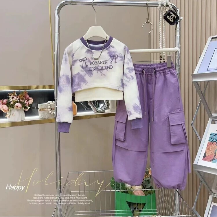 2024新款扎染卫衣工装裤三件套款套装女童时尚休闲潮流