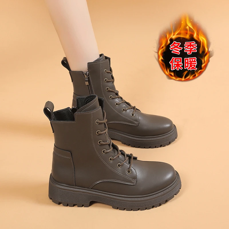 正品女鞋马丁靴冬季软底厚底圆头秋冬粗跟平底加绒系带D66精选三
