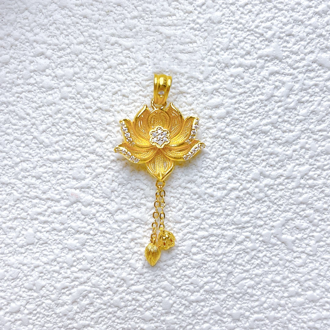 【抖音质检包邮】足金999点钻莲花吊坠