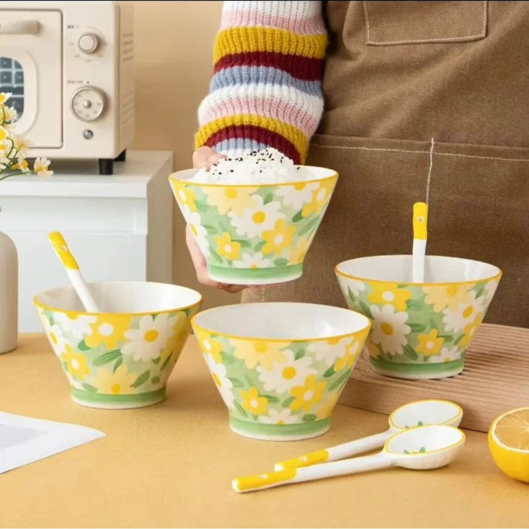 【小雏菊】5英寸斗笠碗新中式描边工艺家用陶瓷大面碗高脚碗