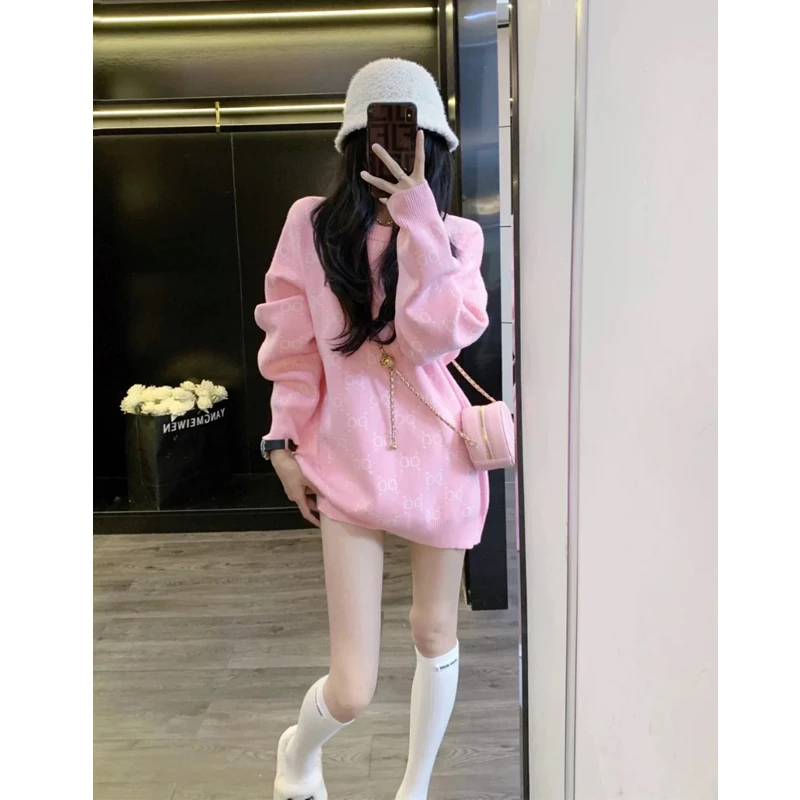 慵懒风网红洋气减龄粉色毛衣女秋冬韩版气质宽松时尚显瘦针织毛衫