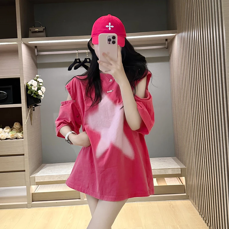 美式复古小众可拆卸短袖t恤女夏网红洋气炸街宽松无袖百搭上衣潮