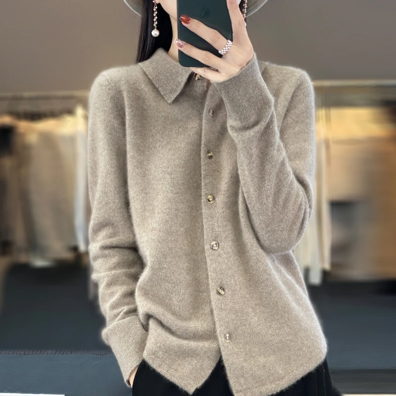 红莲羊绒开衫女polo领外搭宽松长袖春秋毛衣翻领针织羊毛外套