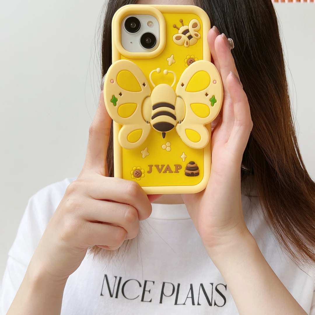 (适用苹果OPPO华为VIVO)立体小蜜蜂支架可爱卡通iPhone硅胶手机壳