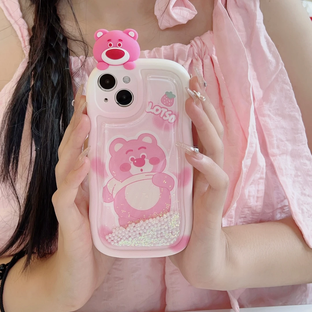 (苹果)卡通流沙草莓熊可爱波浪全包iPhone15硅胶14promax手机壳