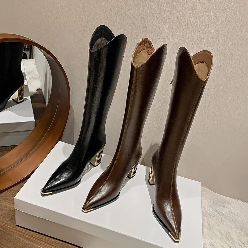 8厘米高跟真皮靴子冬季优雅粗跟时装靴不过膝高筒靴小个子瘦瘦靴