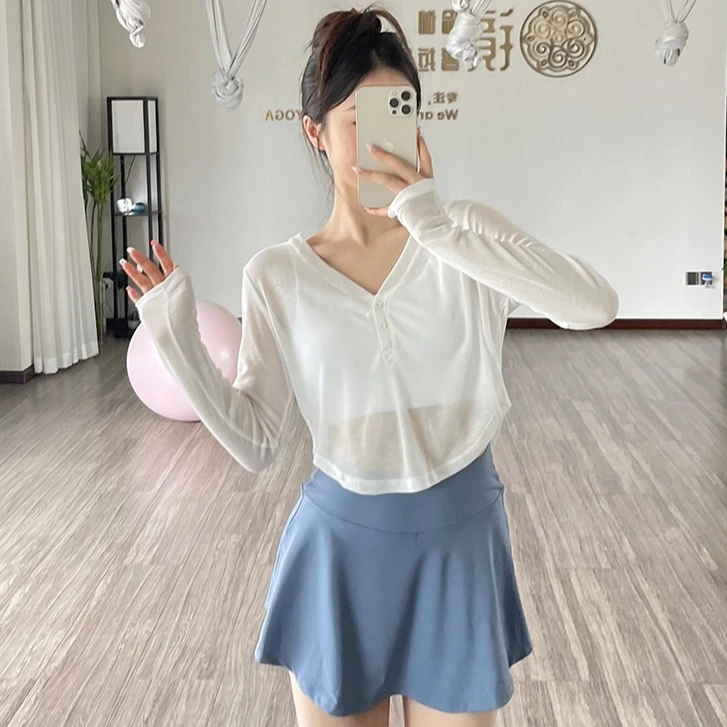 短款露腰轻薄微透瑜伽罩衫女V领宽松长袖运动上衣透气跑步健身服