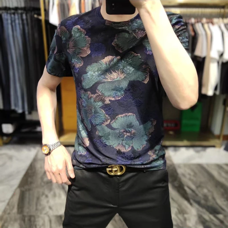 短袖T恤男夏季新款轻奢高品时尚圆领半袖休闲提花欧货休闲体恤潮