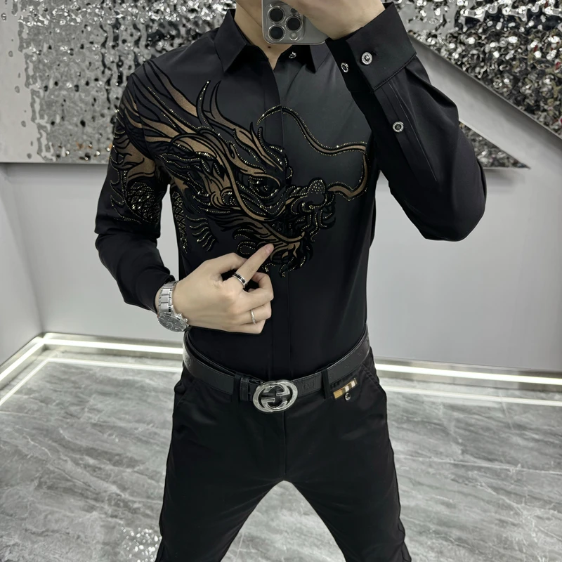 长袖衬衫男春秋季新款高端轻奢翻领男士上衣时尚潮流烫钻休闲衬衣