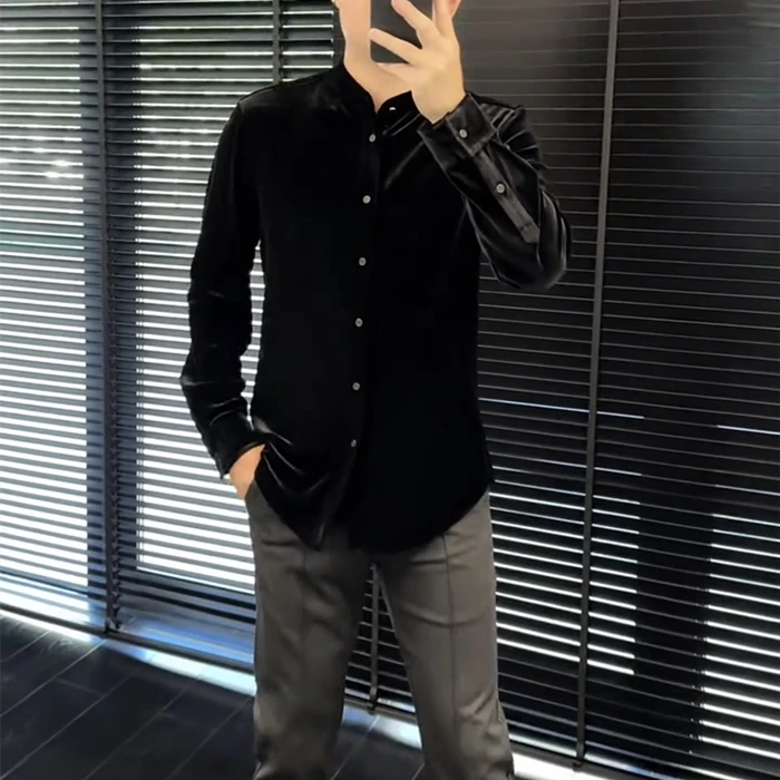 立领长袖衬衫男秋冬季新款高品质金丝绒纯色衬衣时尚百搭修身上衣